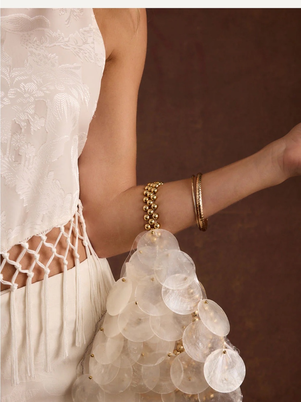 Adara Payette Gold Beaded Handbag with Mother-of-Pearl Discs